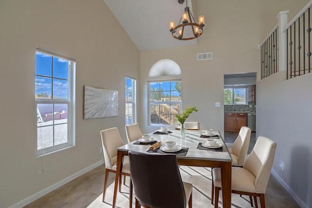 2308 Animas Ct NE, Rio Rancho, NM 87144 - dining area featuring high vaulted ceiling, a chandelier, and baseboards