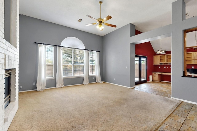 8720 Oakcrest Pl NW, Albuquerque, NM 87114 - unfurnished living room featuring a ceiling fan, a brick fireplace, baseboards, carpet, and high vaulted ceiling