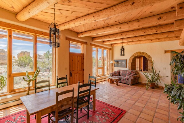 33 Kestrel Rd, Ramah, NM 87321 - tiled dining room featuring wooden ceiling, a chandelier, beamed ceiling, and a baseboard heating unit