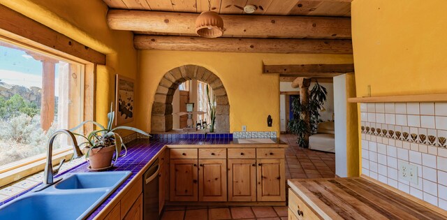 33 Kestrel Rd, Ramah, NM 87321 - kitchen featuring a sink, arched walkways, dishwasher, light tile patterned floors, and wooden ceiling