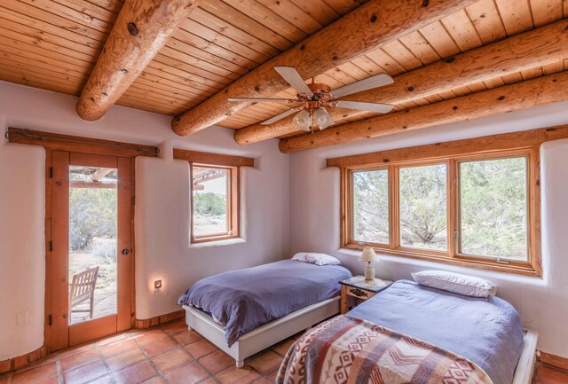 33 Kestrel Rd, Ramah, NM 87321 - bedroom featuring access to outside, wood ceiling, multiple windows, beam ceiling, and baseboards