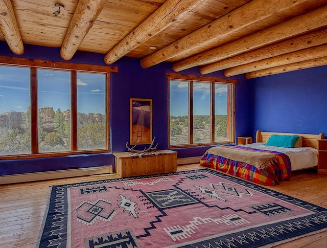 33 Kestrel Rd, Ramah, NM 87321 - bedroom with baseboard heating, wooden ceiling, beamed ceiling, and wood-type flooring