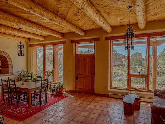 33 Kestrel Rd, Ramah, NM 87321 - dining area featuring beam ceiling, wooden ceiling, a chandelier, baseboards, and baseboard heating