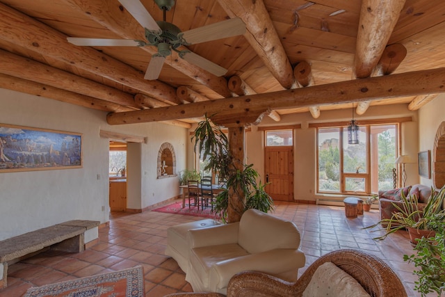 33 Kestrel Rd, Ramah, NM 87321 - living area featuring beamed ceiling, wooden ceiling, ceiling fan, and light tile patterned flooring
