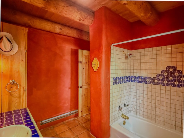 33 Kestrel Rd, Ramah, NM 87321 - bathroom featuring shower / tub combination, beamed ceiling, tile patterned floors, and wooden ceiling