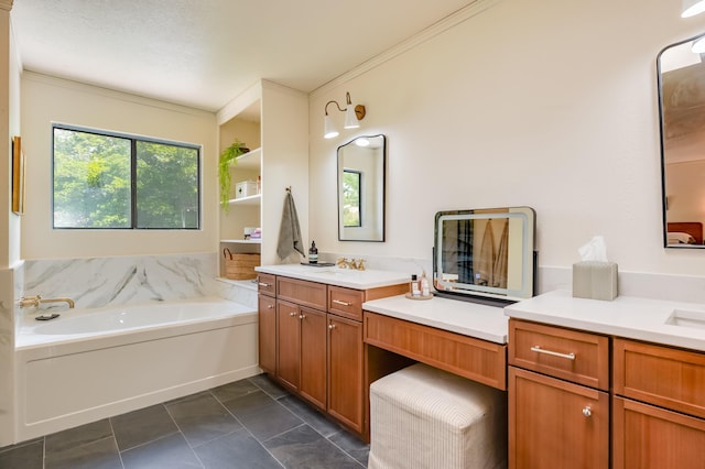 7416 Don Tomas Ln NE, Albuquerque, NM 87109 - full bath with a garden tub, ornamental molding, two vanities, and tile patterned flooring