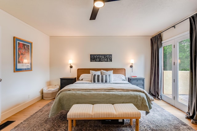 7416 Don Tomas Ln NE, Albuquerque, NM 87109 - bedroom featuring access to outside, crown molding, light wood finished floors, ceiling fan, and baseboards
