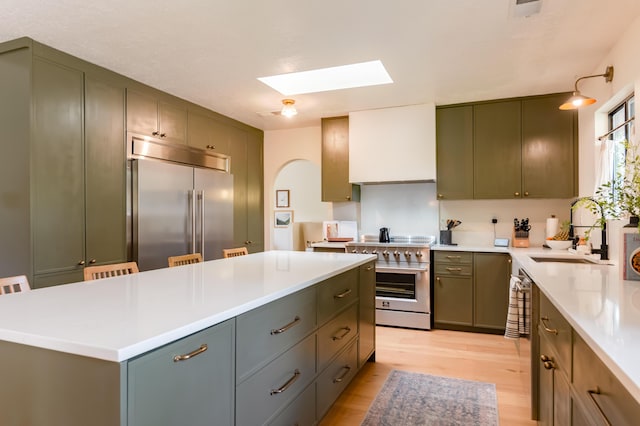 7416 Don Tomas Ln NE, Albuquerque, NM 87109 - kitchen with high quality appliances, a sink, a skylight, light wood finished floors, and light countertops