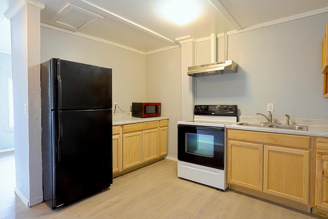 314 S 9th Ave, Estancia, NM 87016 - kitchen with freestanding refrigerator, electric range, a sink, under cabinet range hood, and light wood-style flooring