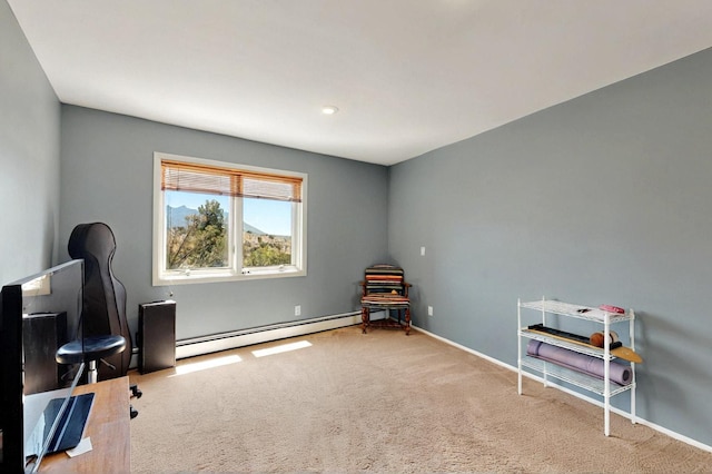 52 Tejon Canon Rd, Placitas, NM 87043 - miscellaneous room featuring baseboard heating, baseboards, carpet flooring, and a desk