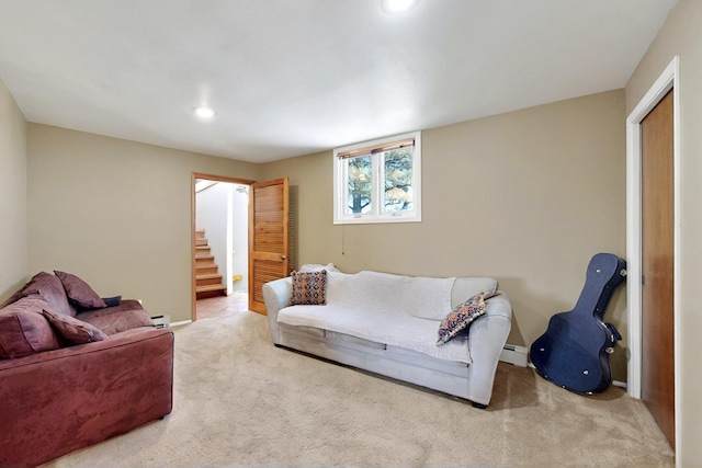 52 Tejon Canon Rd, Placitas, NM 87043 - living area featuring carpet flooring, baseboard heating, recessed lighting, stairs, and a baseboard heating unit
