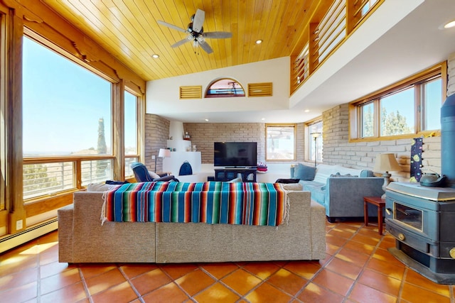 52 Tejon Canon Rd, Placitas, NM 87043 - living area with brick wall, tile patterned floors, ceiling fan, wood ceiling, and a wood stove