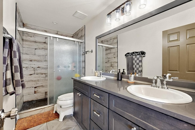 420 Bassett Blvd, Edgewood, NM 87015 - bathroom featuring a stall shower, double vanity, and toilet