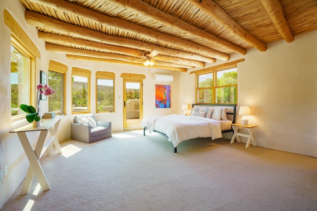 59 Perdiz Canyon Rd, Placitas, NM 87043 - bedroom with carpet, wood ceiling with exposed beams, access to outside, and a wall unit AC