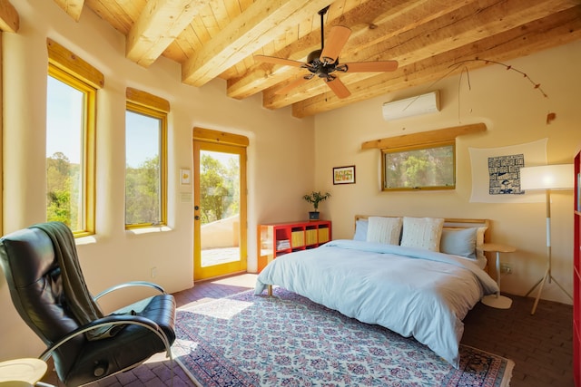59 Perdiz Canyon Rd, Placitas, NM 87043 - bedroom featuring access to exterior, a wall mounted air conditioner, wooden ceiling with exposed beams, and a ceiling fan