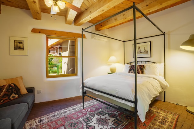 59 Perdiz Canyon Rd, Placitas, NM 87043 - bedroom featuring brick flooring and wood ceiling with exposed beams