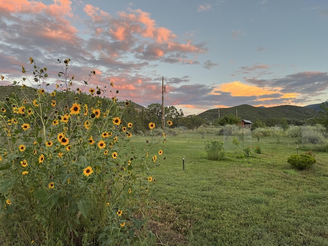 59 Perdiz Canyon Rd, Placitas, NM 87043 - yard at dusk featuring a mountain view, a yard, and a view of countryside