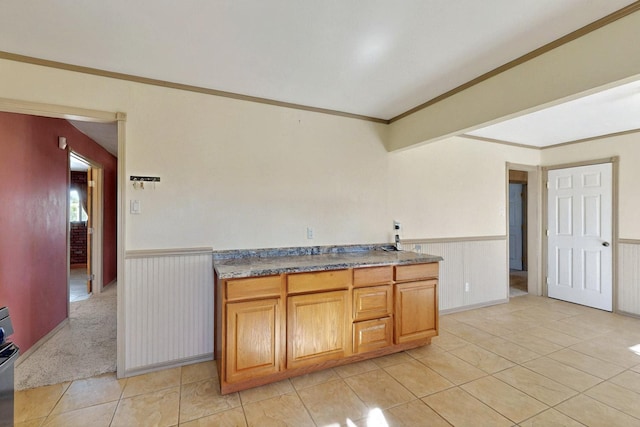 1614 Del Monte Trl SW, Albuquerque, NM 87121 - kitchen with ornamental molding, wainscoting, light tile patterned flooring, brown cabinetry, and dark countertops