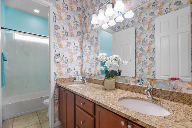 729 Sierra Verde Way NE, Rio Rancho, NM 87124 - bathroom featuring wallpapered walls, toilet, double vanity, tile patterned flooring, and shower / tub combo with curtain