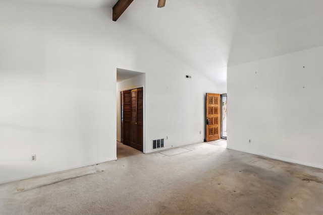 1595 W Bosque Loop, Bosque Farms, NM 87068 - unfurnished room featuring high vaulted ceiling, beamed ceiling, and light carpet