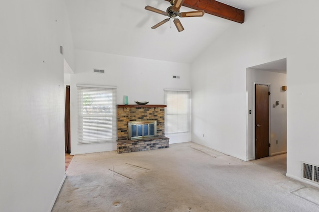 1595 W Bosque Loop, Bosque Farms, NM 87068 - unfurnished living room featuring high vaulted ceiling, carpet, beam ceiling, a ceiling fan, and a brick fireplace