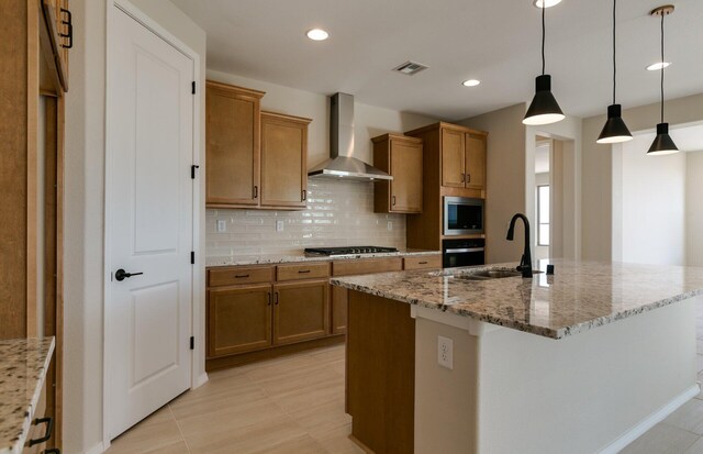8328 Bronte Ln NW, Albuquerque, NM 87120 - kitchen featuring wall chimney range hood, a sink, backsplash, stainless steel appliances, and brown cabinets