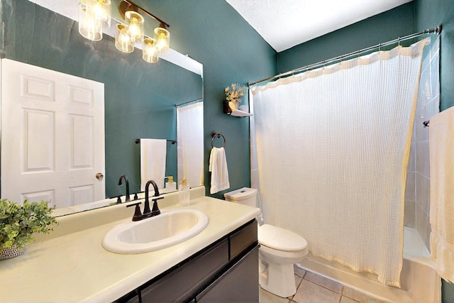 1321 Elkslip Dr NE, Rio Rancho, NM 87144 - bathroom with tile patterned flooring, vanity, toilet, and shower / bathtub combination with curtain