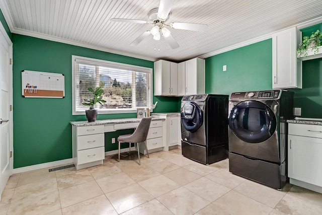 1106 Warm Sands Dr SE, Albuquerque, NM 87123 - laundry area featuring cabinet space, independent washer and dryer, ceiling fan, an office area, and crown molding