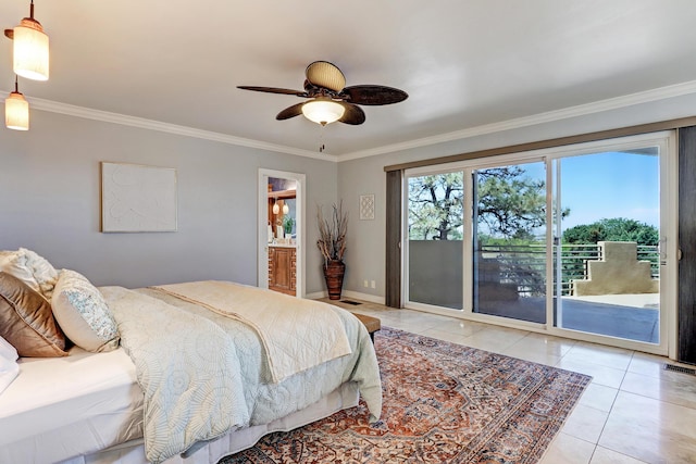 1106 Warm Sands Dr SE, Albuquerque, NM 87123 - bedroom with access to exterior, light tile patterned flooring, ornamental molding, baseboards, and connected bathroom