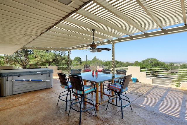 1106 Warm Sands Dr SE, Albuquerque, NM 87123 - view of patio / terrace with a hot tub, a pergola, a ceiling fan, and outdoor dining area