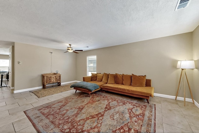 5727 Cibola Dr NE, Rio Rancho, NM 87144 - living area with light tile patterned floors, a textured ceiling, ceiling fan, and a wood stove