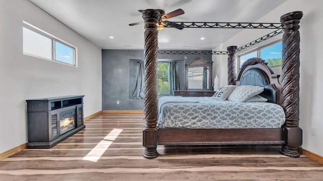 2815 Linda Pl SW, Albuquerque, NM 87105 - bedroom with baseboards, wood finished floors, recessed lighting, a glass covered fireplace, and a ceiling fan