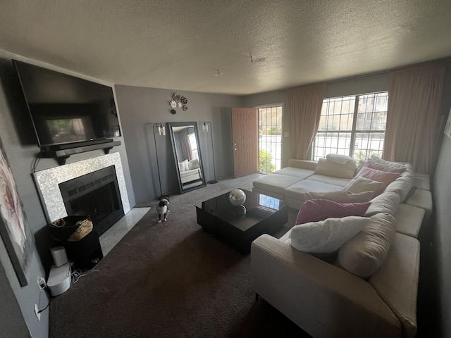 3301 Monroe St NE Unit D45, Albuquerque, NM 87110 - living room with carpet flooring, a textured ceiling, and a tile fireplace