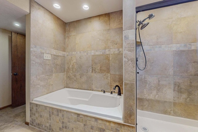 501 Calle De La Angel, Bernalillo, NM 87004 - bathroom featuring a garden tub, a tile shower, and recessed lighting