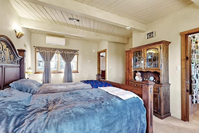 26 Apache Creek Rd, Santa Fe, NM 87505 - bedroom featuring a wall mounted air conditioner, light colored carpet, and a wood ceiling with exposed beams
