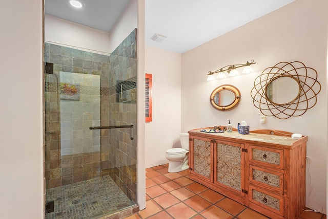 28 Canon Escondido, Sandia Park, NM 87047 - full bathroom with a stall shower, toilet, tile patterned floors, and double vanity