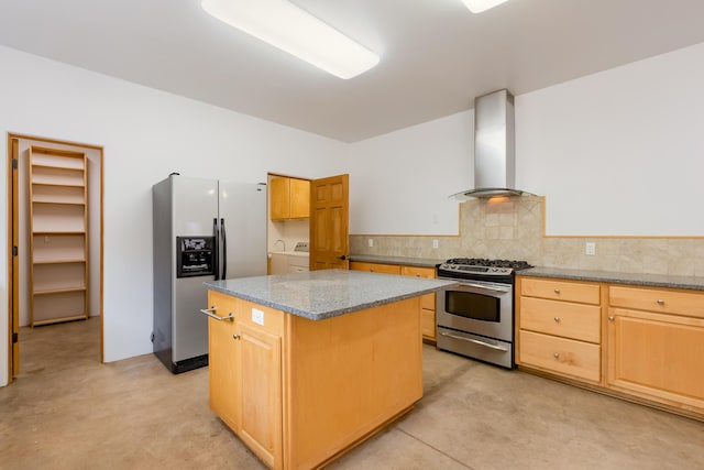 13 Asher Ln, Tijeras, NM 87059 - kitchen featuring wall chimney exhaust hood, stainless steel appliances, concrete floors, a kitchen island, and stone countertops