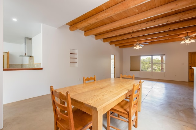 13 Asher Ln, Tijeras, NM 87059 - dining space featuring a ceiling fan, beam ceiling, concrete flooring, wooden ceiling, and recessed lighting