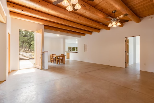 13 Asher Ln, Tijeras, NM 87059 - empty room with ceiling fan, wood ceiling, finished concrete flooring, and beamed ceiling