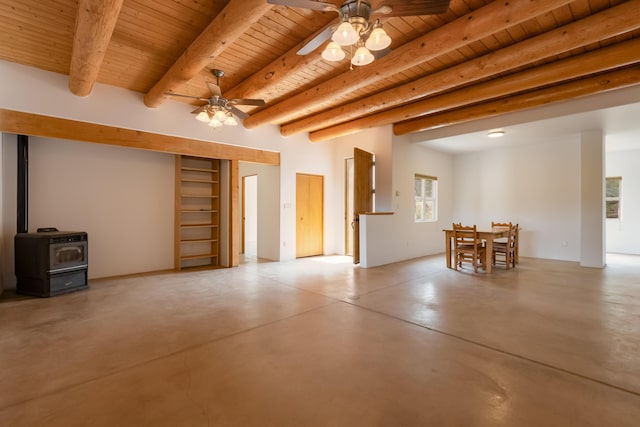 13 Asher Ln, Tijeras, NM 87059 - unfurnished living room featuring wood ceiling, a wood stove, concrete floors, beamed ceiling, and ceiling fan