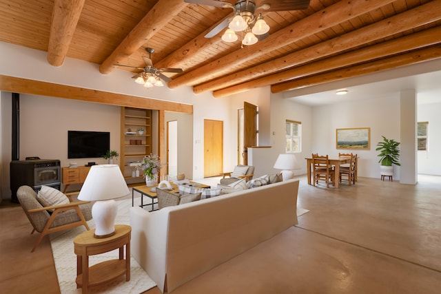 13 Asher Ln, Tijeras, NM 87059 - living area with wood ceiling, built in shelves, beam ceiling, ceiling fan, and concrete flooring