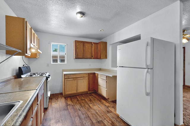 1237 Gabaldon Rd, Belen, NM 87002 - kitchen with white appliances, dark wood finished floors, a sink, under cabinet range hood, and a textured ceiling