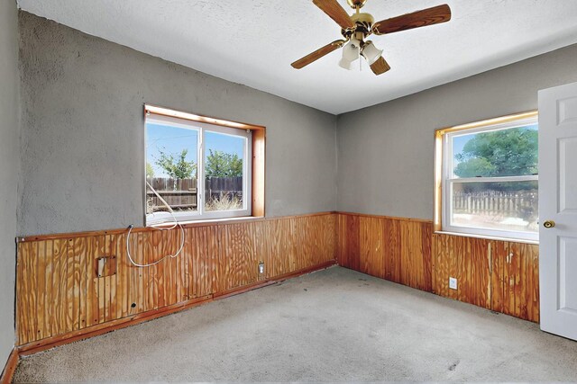 1237 Gabaldon Rd, Belen, NM 87002 - carpeted empty room featuring healthy amount of natural light, wood walls, a wainscoted wall, and a ceiling fan