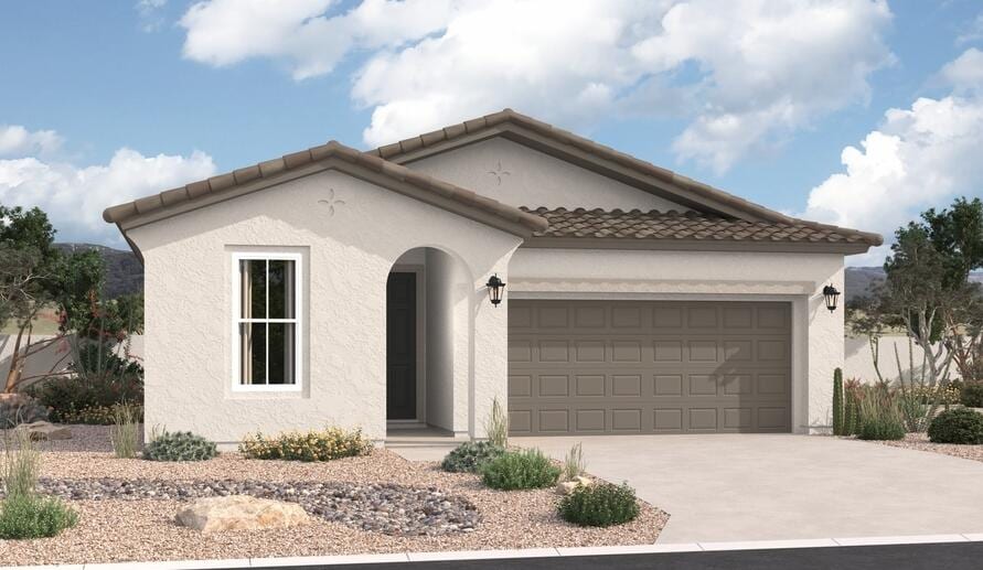 1371 Vallecito Ct NW, Los Lunas, NM 87031 - mediterranean / spanish house featuring stucco siding, driveway, an attached garage, and a tiled roof