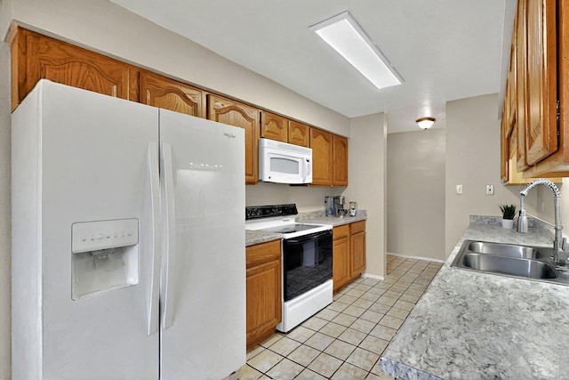8224 Bret Pl NE, Albuquerque, NM 87109 - kitchen with white appliances, a sink, light tile patterned flooring, light countertops, and brown cabinets