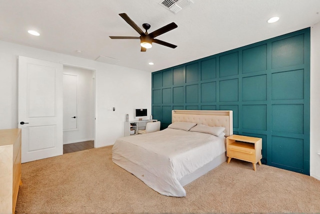 1605 Copper Mountain Trl NW, Albuquerque, NM 87120 - carpeted bedroom featuring a decorative wall, recessed lighting, a ceiling fan, and a desk