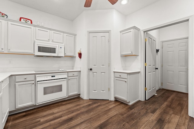 3827 Fox Sparrow Trl NW, Albuquerque, NM 87120 - kitchen with white appliances, dark wood-type flooring, ceiling fan, light countertops, and recessed lighting