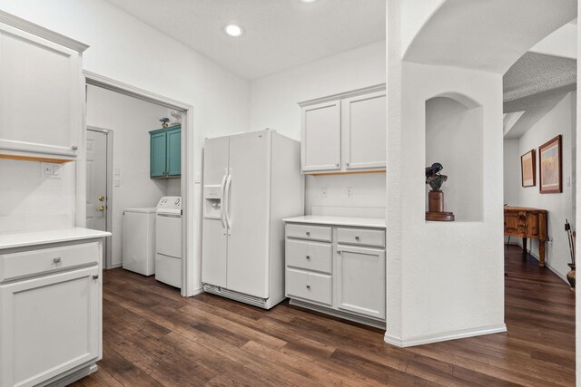 3827 Fox Sparrow Trl NW, Albuquerque, NM 87120 - kitchen featuring white refrigerator with ice dispenser, washer and clothes dryer, dark wood finished floors, recessed lighting, and light countertops