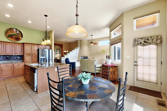 6500 Moon Shadows Dr NW, Albuquerque, NM 87120 - dining space featuring stairway, light tile patterned floors, recessed lighting, and ceiling fan