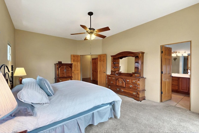 6500 Moon Shadows Dr NW, Albuquerque, NM 87120 - bedroom featuring light carpet, ceiling fan, and ensuite bathroom